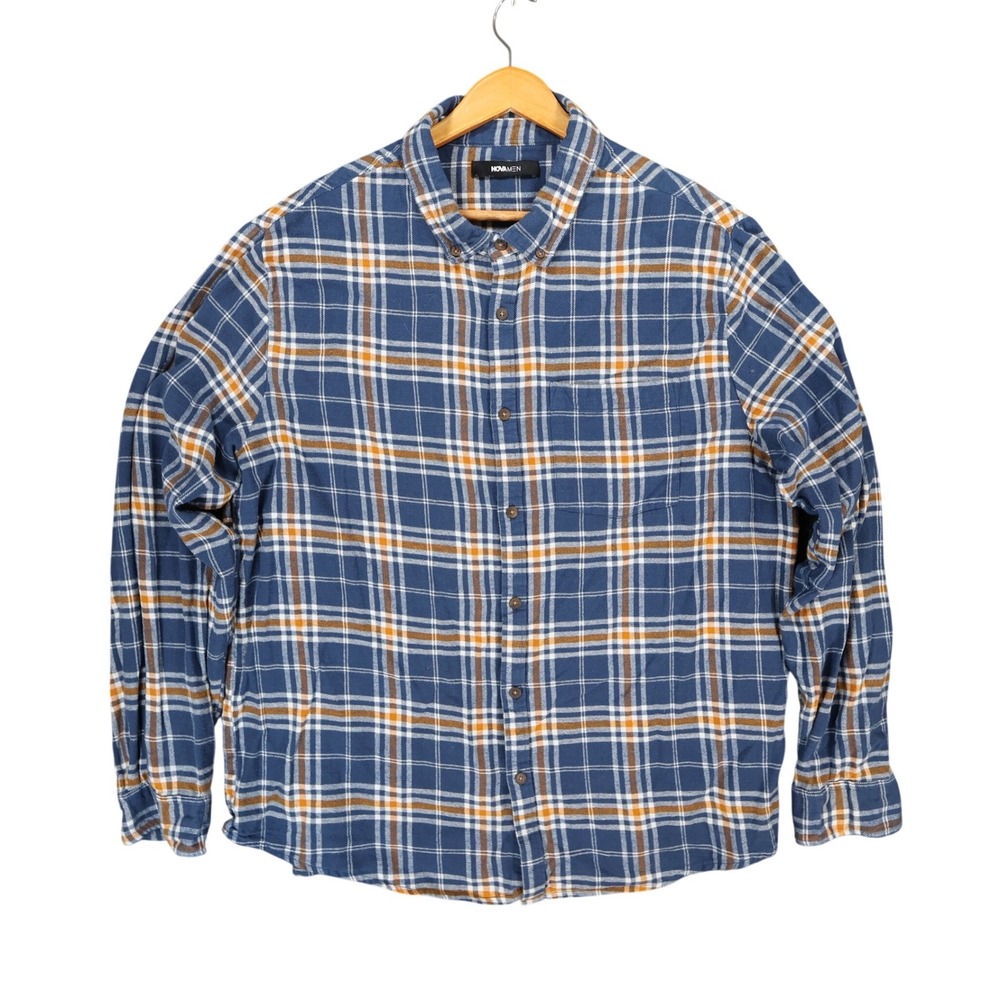 Fashion Nova Men Flannel Shirt Mens XL Blue‎ Orange Plaid Cotton Button Down